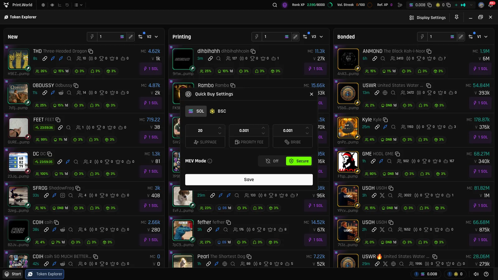 Quick Buy Settings modal with the SOL tab selected, showing slippage, priority fee, and bribe inputs plus the MEV Mode Off/Secure toggle