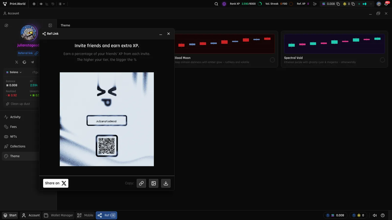 Ref Link share window with the personalized share image, copy-link action, and share buttons