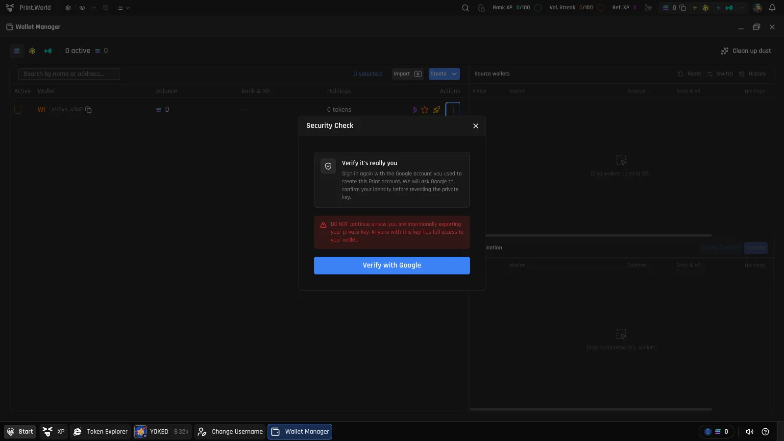 Security Check step of the export-private-key flow, opened from a wallet's row menu in Wallet Manager, prompting re-verification with Google before the key is revealed