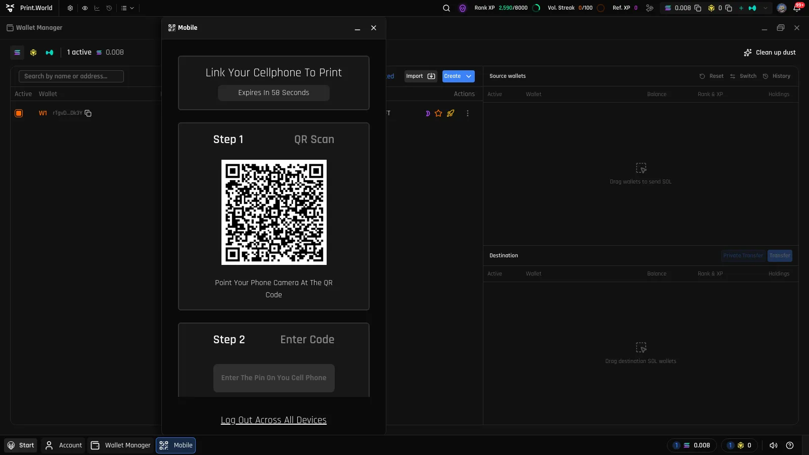 Mobile window showing the device-linking QR code with its expiry countdown