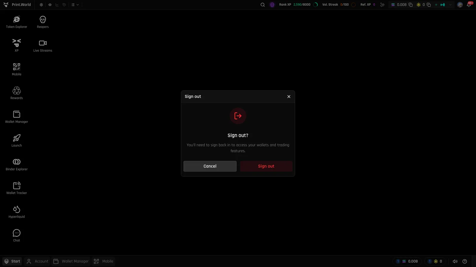 Sign out confirmation dialog with the Cancel and Sign out buttons