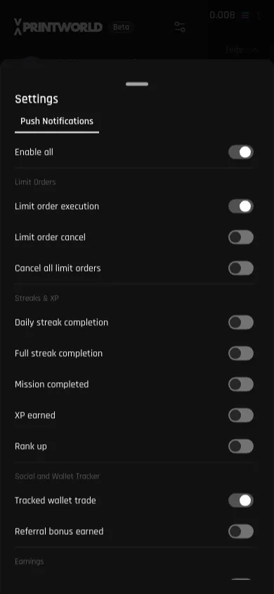 Settings sheet on mobile with the Push Notifications section, the Enable all switch, and the notification groups