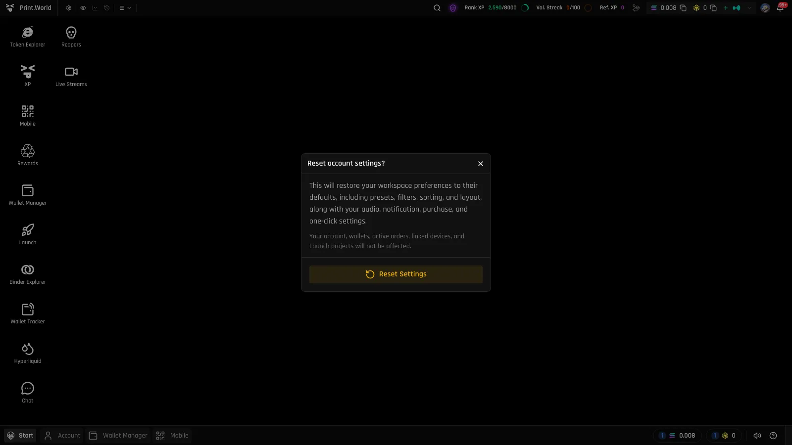 Reset account settings confirmation dialog explaining what is and is not affected