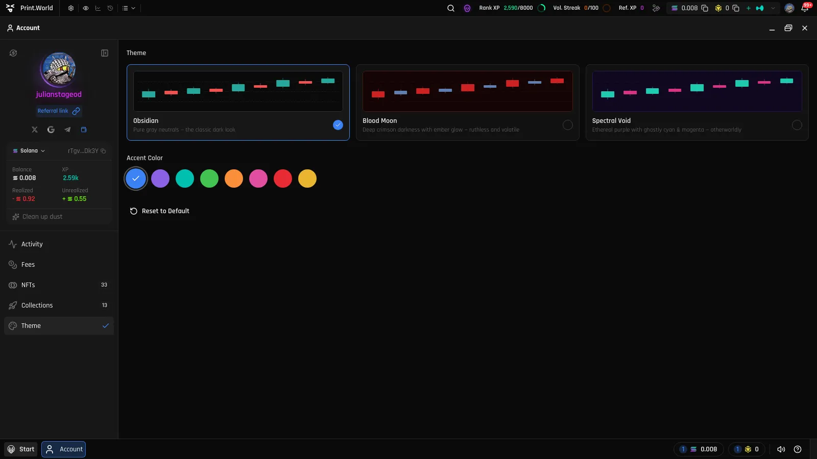 Theme view in the Account app with the theme presets and the accent color selector