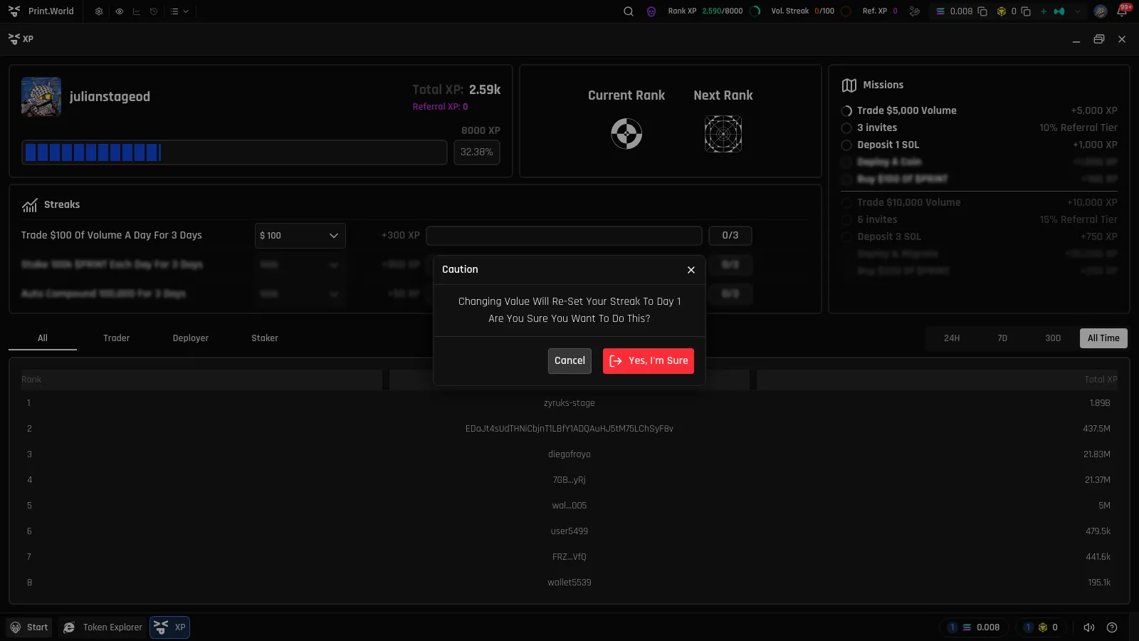 Streak level selector with the Caution dialog warning that changing value resets the streak to day 1