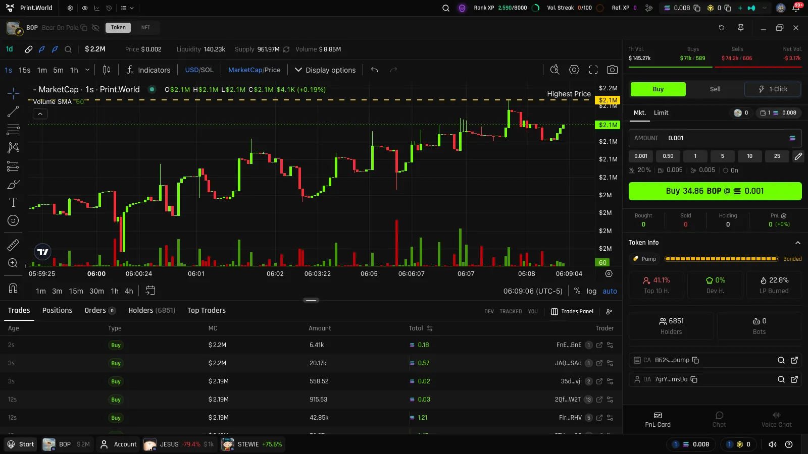 Trades tab with the DEV, TRACKED, and YOU filter buttons above the live trade feed