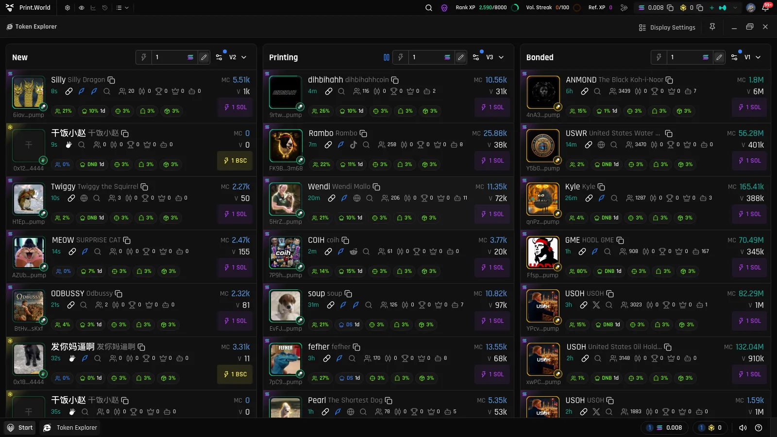 Token cards across the New, Printing, and Bonded lists, each showing its progress ring, social links, MC and V metrics, holding tags, and Quick Buy button