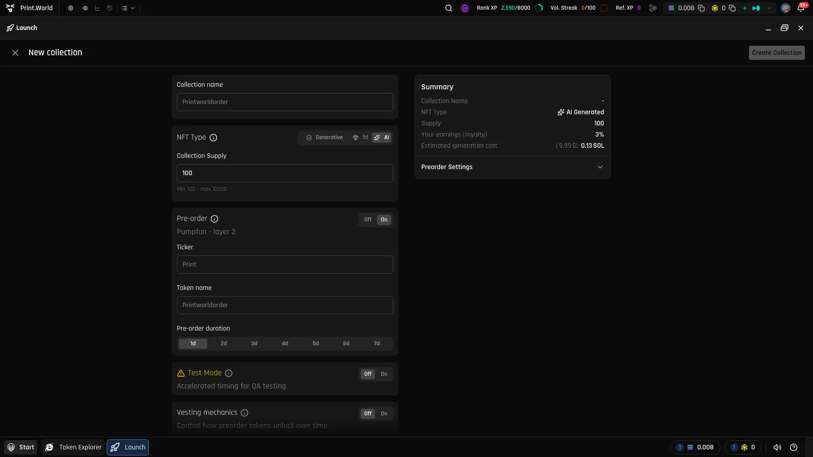 Collection creation form with the NFT Type selector showing Generative, 1:1, and AI options