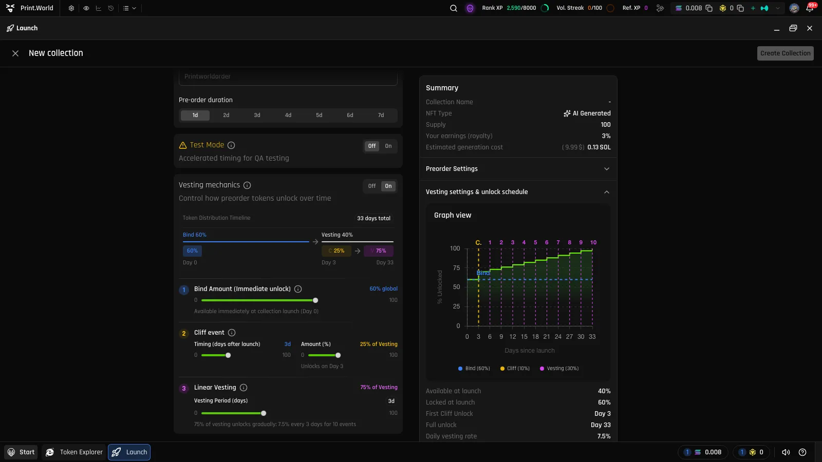 Vesting mechanics toggle enabled with bind amount, cliff event, and linear vesting sliders plus the unlock schedule graph