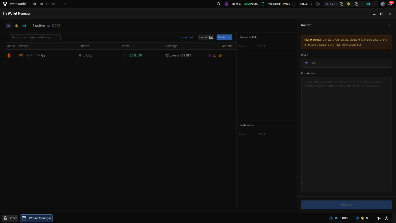 Import wallets view with the multi-key paste area and the security risk warning