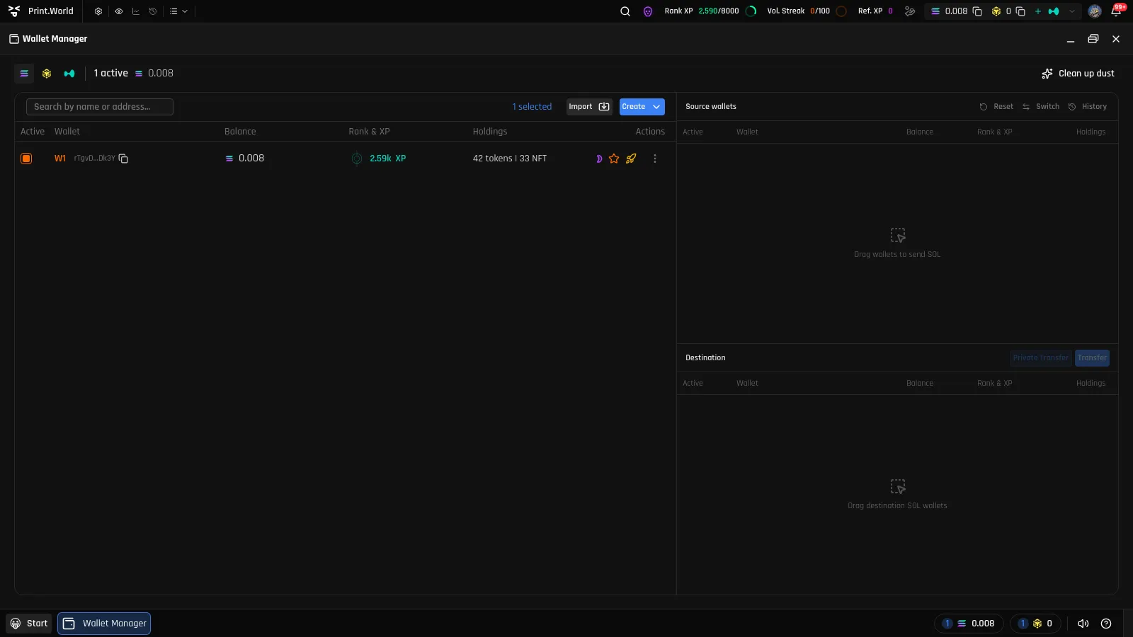 Wallet Manager table with the chain filter, active count, total balance, Clean up dust button, and a wallet row with Active checkbox, Rank & XP, and Holdings columns