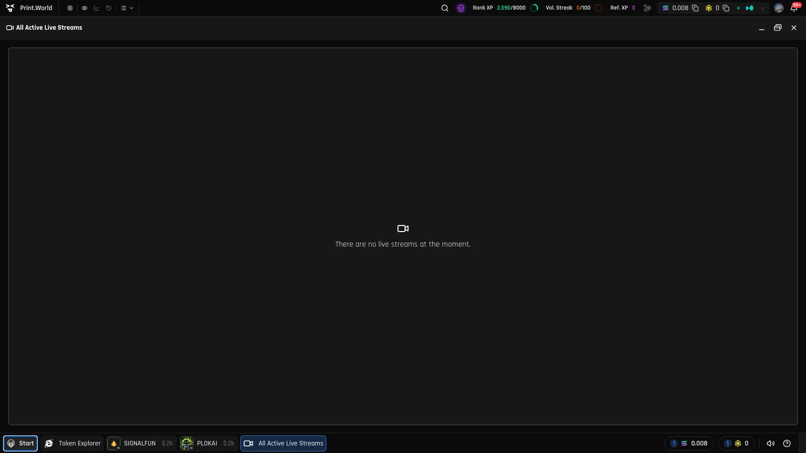 All Active Live Streams window showing the empty state message "There are no live streams at the moment."