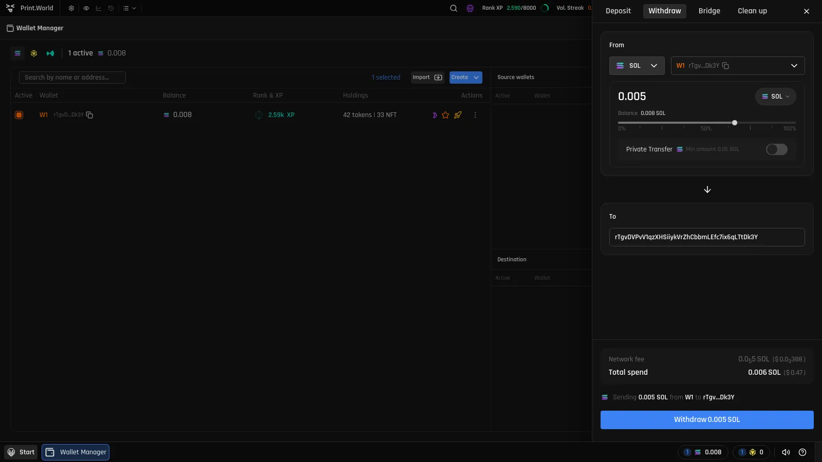 Withdraw tab with SOL selected, amount and destination filled, showing the percentage slider, Network fee and Total spend rows, and the summary line